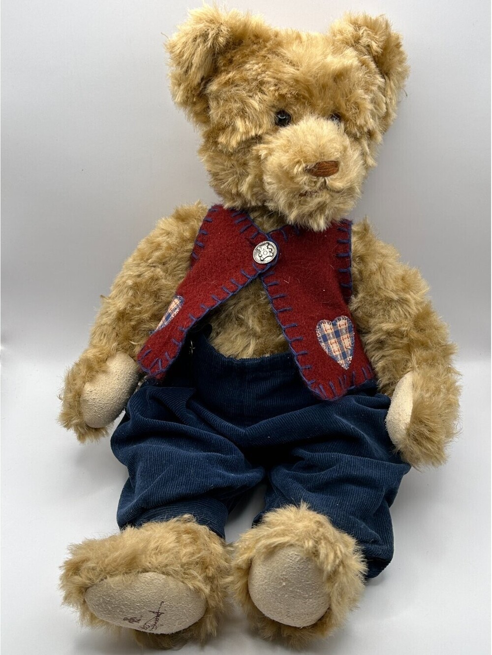 Artist Teddy Bear Vintage / Modern Artisan Tan Blue Plaid Corduroy burgundy red